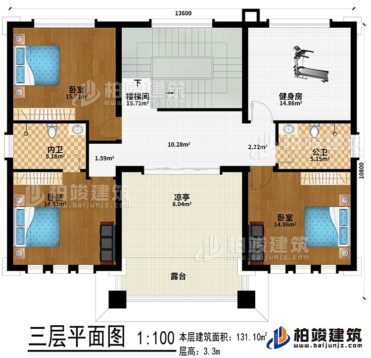 三層：樓梯間、健身房、3臥室、公衛(wèi)、內(nèi)衛(wèi)、涼亭、露臺(tái)