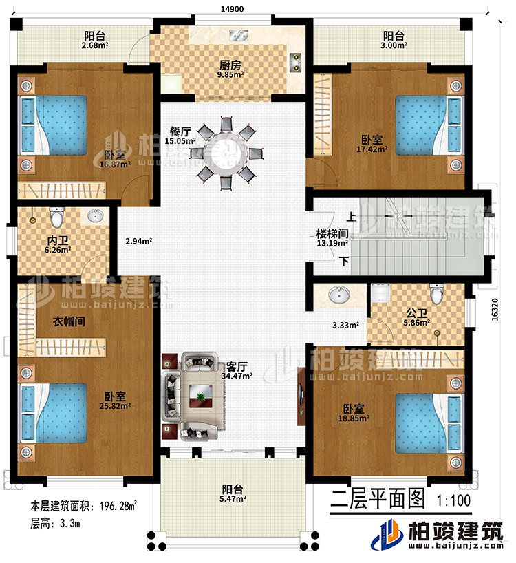 二層：客廳、樓梯間、餐廳、廚房、4臥室、衣帽間、公衛(wèi)、內(nèi)衛(wèi)、3陽臺