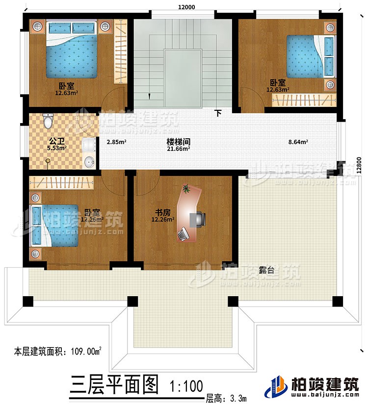 三層：3臥室、樓梯間、書房、公衛(wèi)、露臺