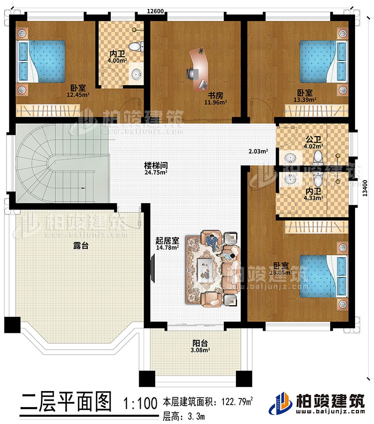 二層：樓梯間、起居室、3臥室、書房、2內(nèi)衛(wèi)、公衛(wèi)、露臺、陽臺