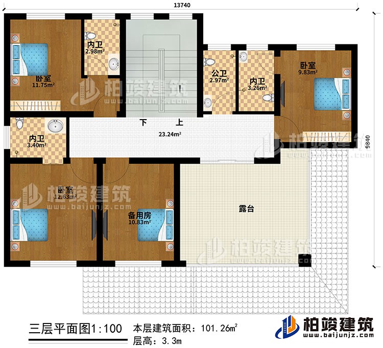 三層：3臥室、備用房、３內(nèi)衛(wèi)、公衛(wèi)、露臺(tái)
