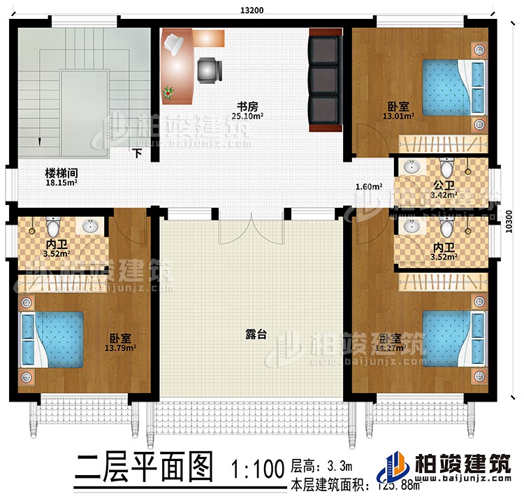 二層：書房、樓梯間、3臥室、公衛(wèi)、2內(nèi)衛(wèi)、露臺(tái)