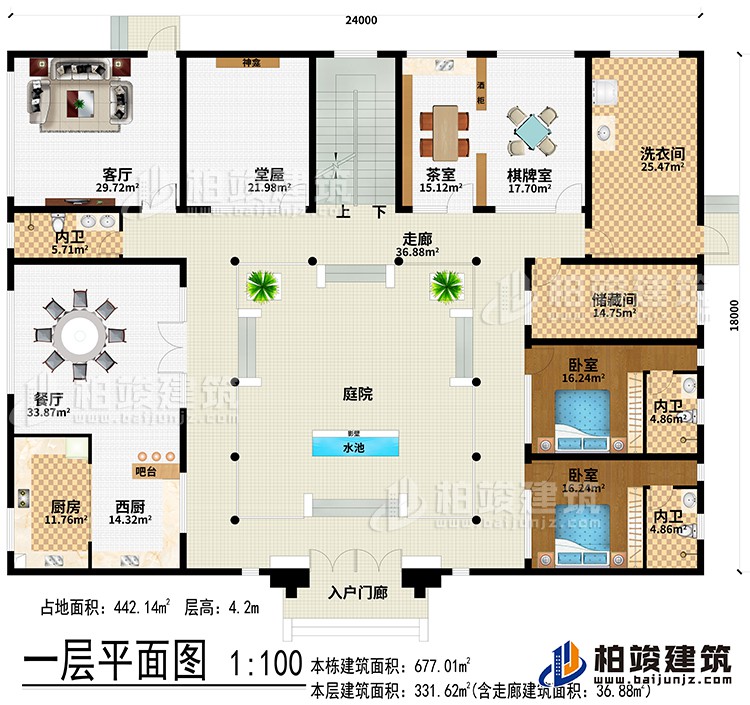 一層：入戶門廊、水池、影壁、庭院、走廊、西廚、廚房、餐廳、吧臺、客廳、堂屋、神龕、茶室、棋牌室、洗衣間、儲藏間、2臥室、3內(nèi)衛(wèi)