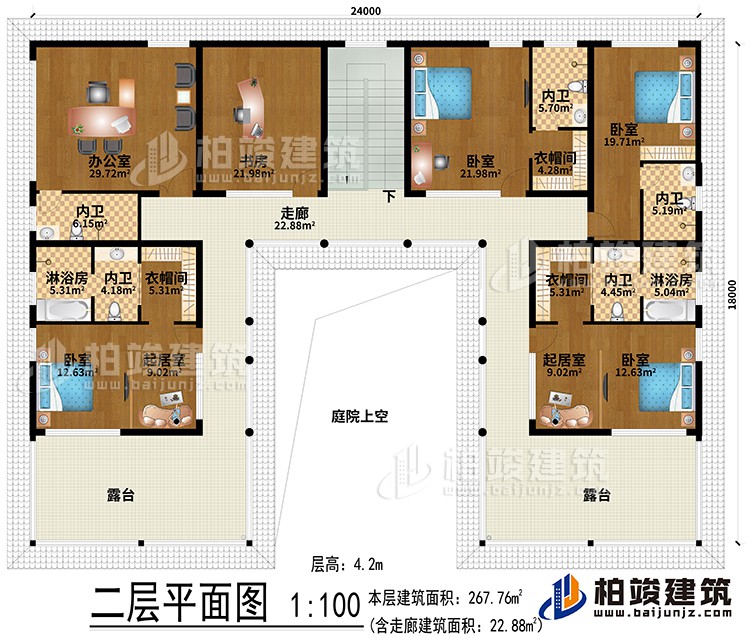 二層：辦公室、書房、2起居室、3衣帽間、4臥室、2淋浴房、5內(nèi)衛(wèi)、走廊、2露臺、庭院上空