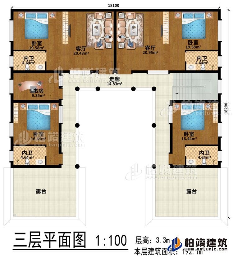 三層：2客廳、4臥室、書房、走廊、2露臺(tái)、4內(nèi)衛(wèi)