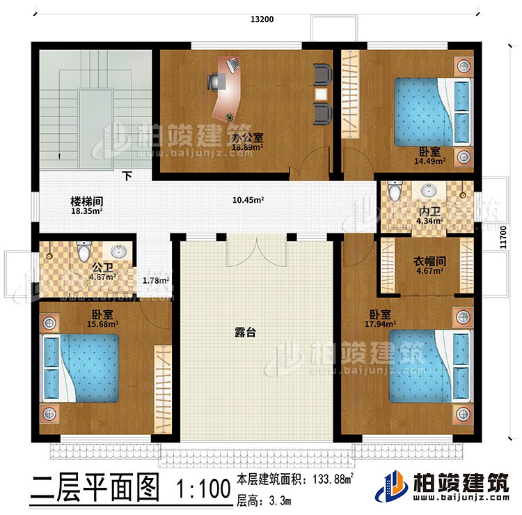 二層：辦公室、3臥室、衣帽間、公衛(wèi)、內(nèi)衛(wèi)、露臺、樓梯間