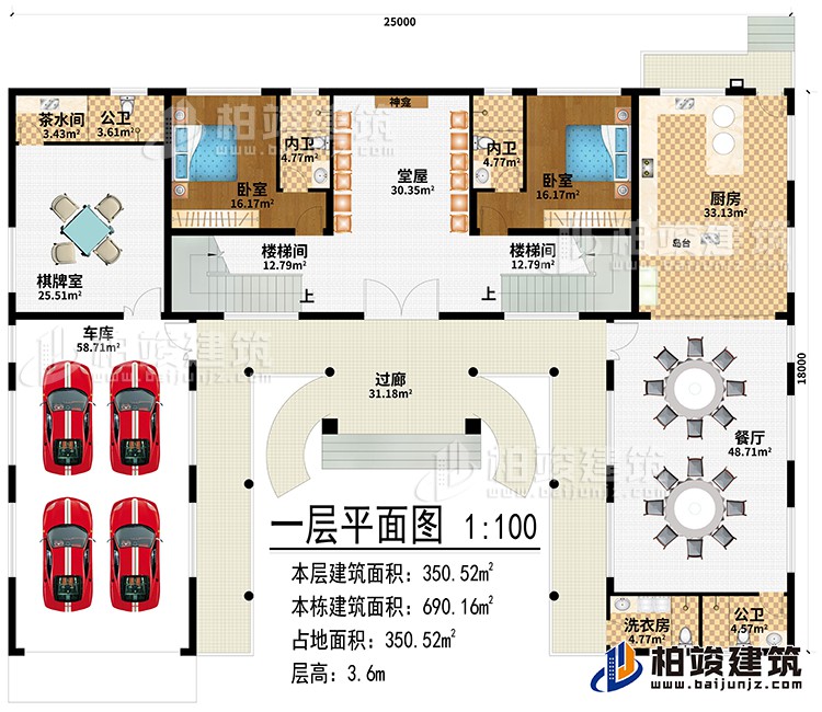 一層：過廊、堂屋、神龕、2樓梯間、廚房、餐廳、棋牌室、車庫、茶水間、2公衛(wèi)、洗衣房、2臥室、2內(nèi)衛(wèi)