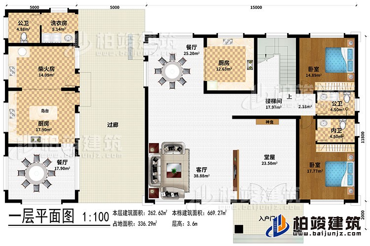 一層：入戶門廊、堂屋、客廳、神龕、2餐廳、2廚房、柴火房、樓梯間、洗衣房、2臥室、2公衛(wèi)、內(nèi)衛(wèi)、島臺(tái)、過廊