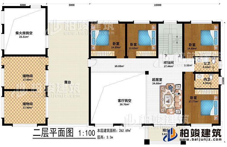 二層：起居室、樓梯間、2儲(chǔ)物間、客廳挑空、柴火房挑空、4臥室、公衛(wèi)、內(nèi)衛(wèi)、露臺(tái)、陽(yáng)臺(tái)