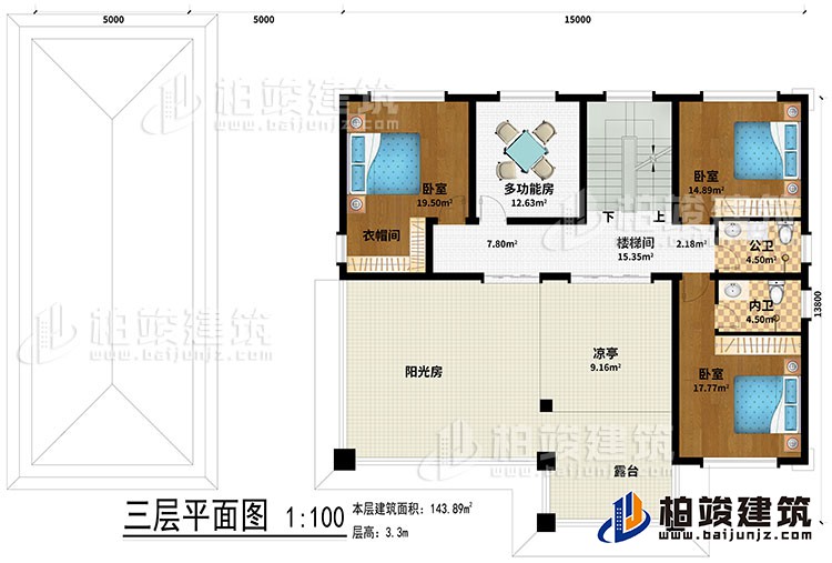 三層：樓梯間、3臥室、多功能房、衣帽間、公衛(wèi)、內(nèi)衛(wèi)、涼亭、陽(yáng)光房、露臺(tái)