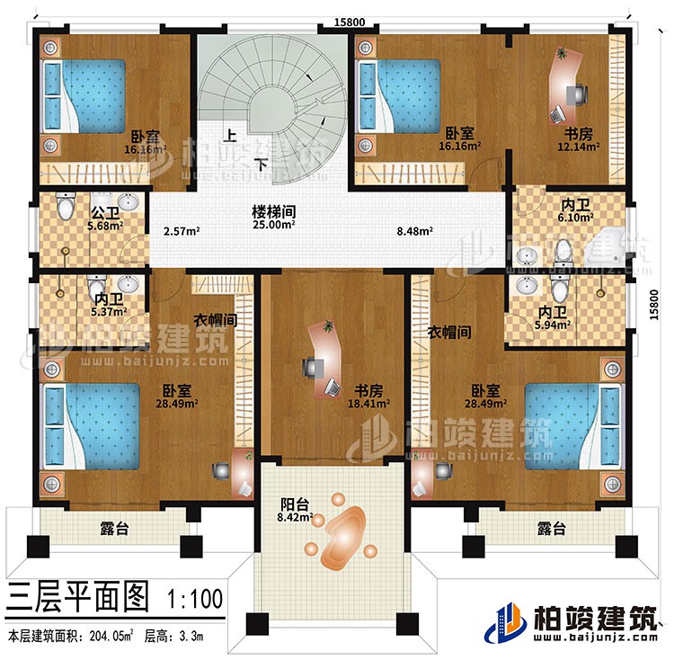 三層：樓梯間、4臥室、2衣帽間、2書房、公衛(wèi)、3內(nèi)衛(wèi)、2露臺、陽臺