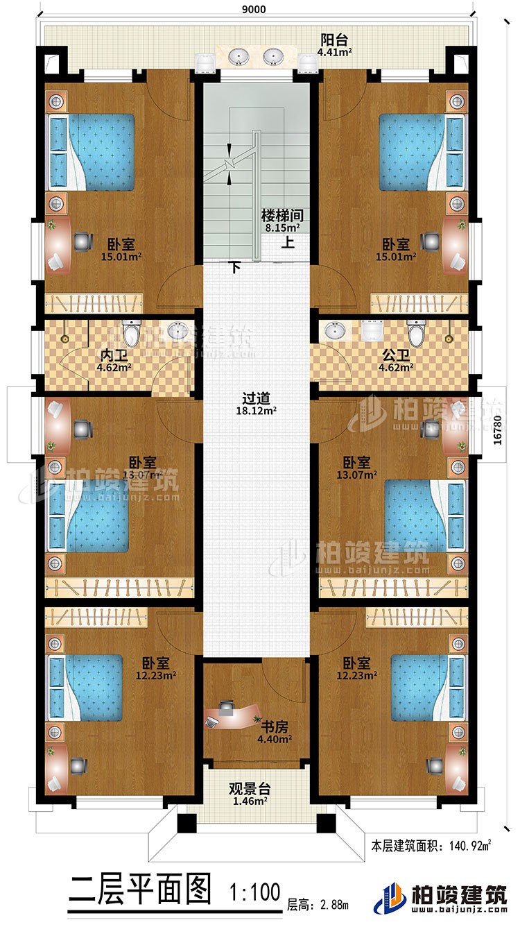 二層：6臥室、過(guò)道、樓梯間、書(shū)房、觀景臺(tái)、公衛(wèi)、內(nèi)衛(wèi)、陽(yáng)臺(tái)