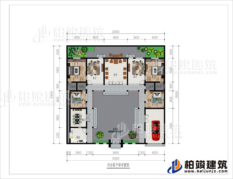 一層：影壁墻、車(chē)庫(kù)、廚房、餐廳、4臥室、4內(nèi)衛(wèi)、2客廳、堂屋、后花園