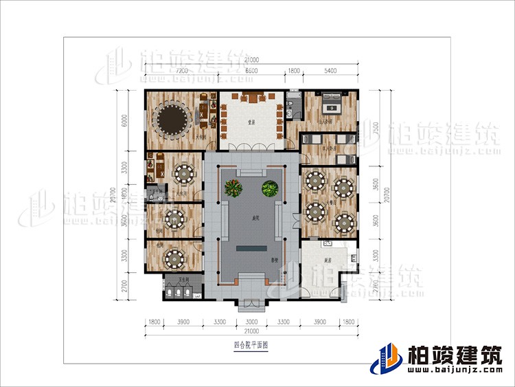一層：大餐廳、2包間、2大餐廳、2內(nèi)衛(wèi)、堂屋、臥室、工人臥室、公衛(wèi)、庭院、影壁墻