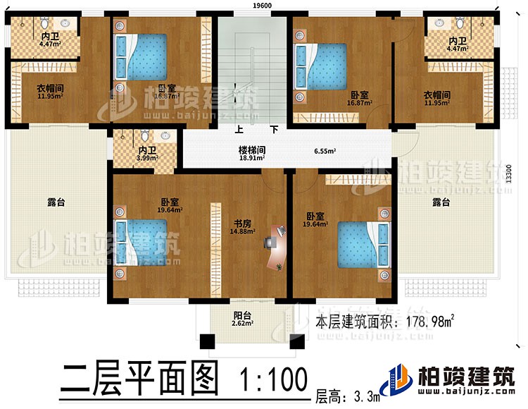 二層：樓梯間、4臥室、書房、2衣帽間、3內(nèi)衛(wèi)、2露臺(tái)、陽臺(tái)