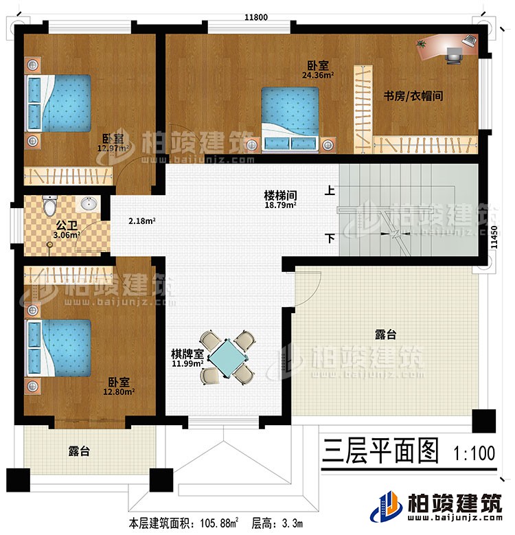 三層：棋牌室、樓梯間、3臥室、書房/衣帽間、公衛(wèi)、2露臺