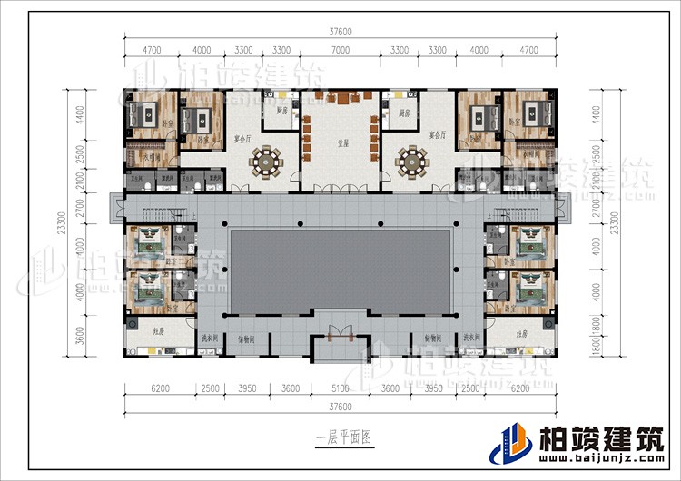 一層：2儲(chǔ)物間、2洗衣間、2灶房、8臥室、2衣帽間、2公衛(wèi)、6內(nèi)衛(wèi)、2廚房、2宴會(huì)廳、堂屋
