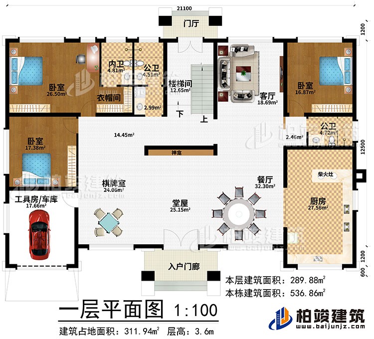 一層：入戶門廊、門廳、堂屋、神龕、棋牌室、餐廳、廚房、客廳、樓梯間、工具房/車庫、3臥室、衣帽間、內(nèi)衛(wèi)、2公衛(wèi)
