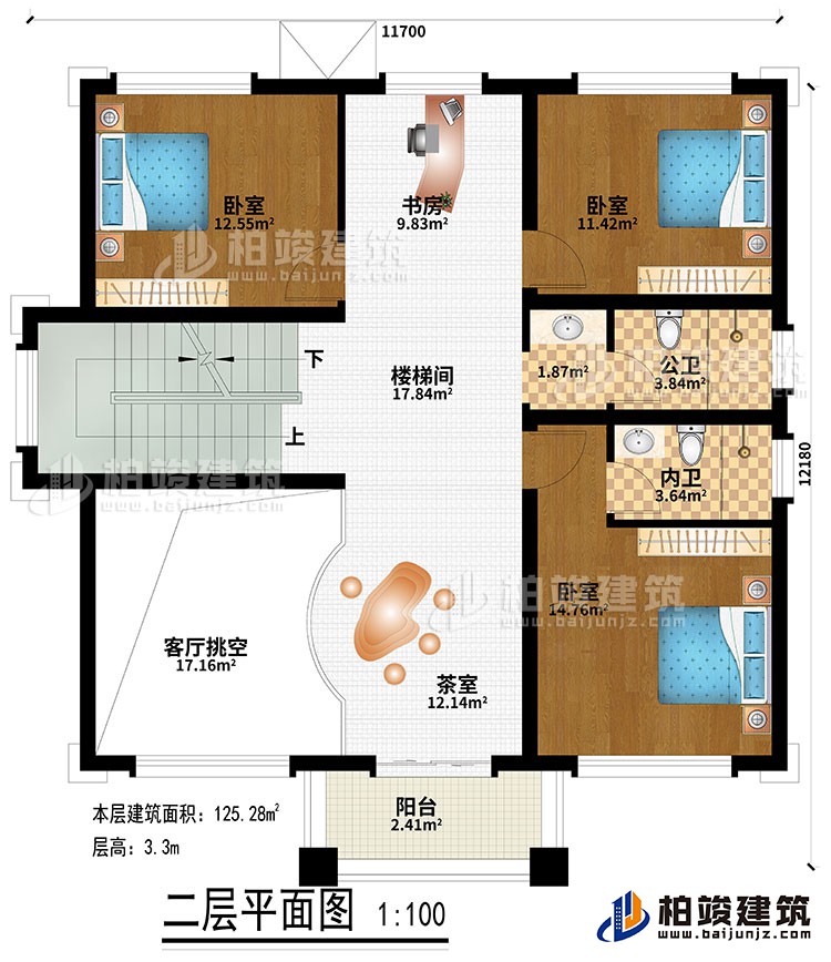 二層：樓梯間、書房、茶室、客廳挑空、3臥室、公衛(wèi)、內(nèi)衛(wèi)、陽臺