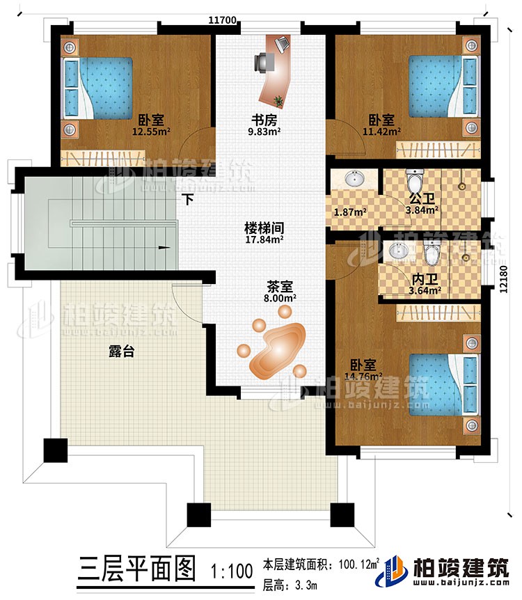 三層：樓梯間、書房、茶室、3臥室、公衛(wèi)、內(nèi)衛(wèi)、露臺