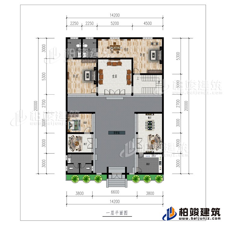 一層：廚房、2客廳、餐廳、公衛(wèi)、3臥室、影壁墻、堂屋、書房、2內(nèi)衛(wèi)