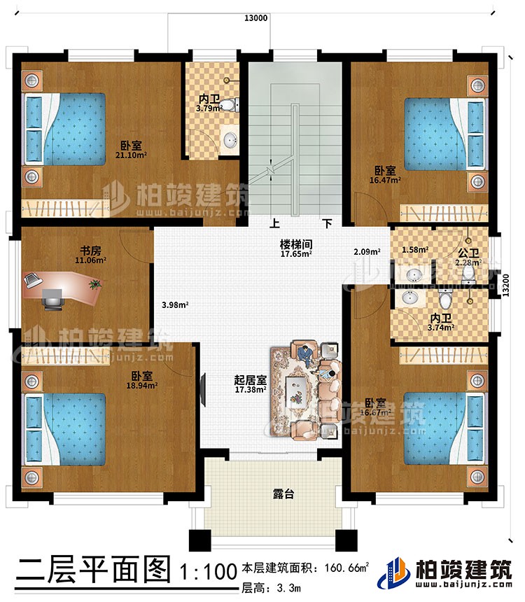 二層：起居室、樓梯間、4臥室、書房、公衛(wèi)、內(nèi)衛(wèi)、露臺