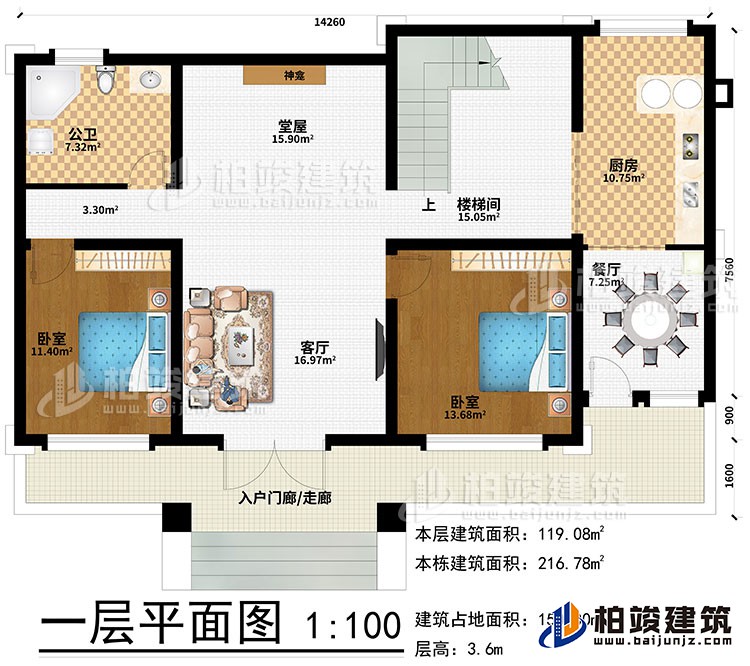 一層：入戶門廊/走廊、客廳、堂屋、神龕、樓梯間、廚房、餐廳、2臥室、公衛(wèi)