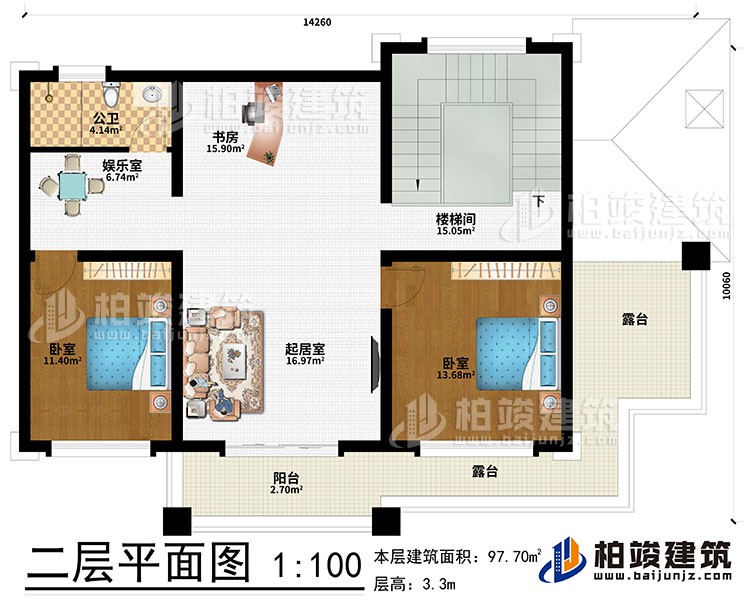 二層：起居室、書房、娛樂室、2臥室、樓梯間、公衛(wèi)、陽臺、2露臺