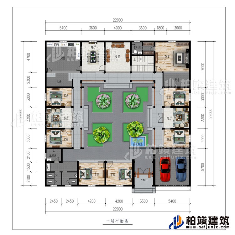 一層：廣亮大門、車庫、書房、公衛(wèi)、7臥室、2客廳、餐廳、廚房、堂屋、2天井、內(nèi)衛(wèi)、荷花魚池