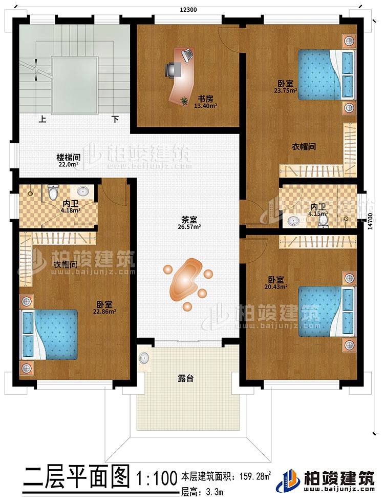 二層：3臥室、2衣帽間、2內衛(wèi)、樓梯間、茶室、露臺、書房