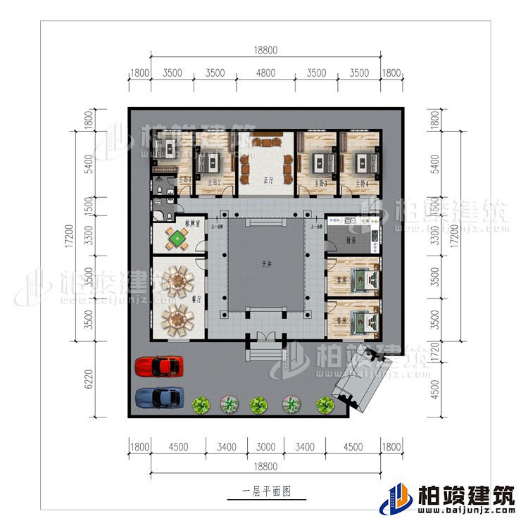 一層：車庫、餐廳、棋牌室、廚房、正廳、6臥室、公衛(wèi)、內(nèi)衛(wèi)