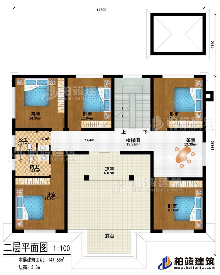 二層：樓梯間、茶室、涼亭、5臥室、公衛(wèi)、內衛(wèi)、露臺