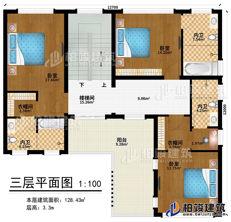 三層：樓梯間、3臥室、2衣帽間、3內(nèi)衛(wèi)、陽(yáng)臺(tái)