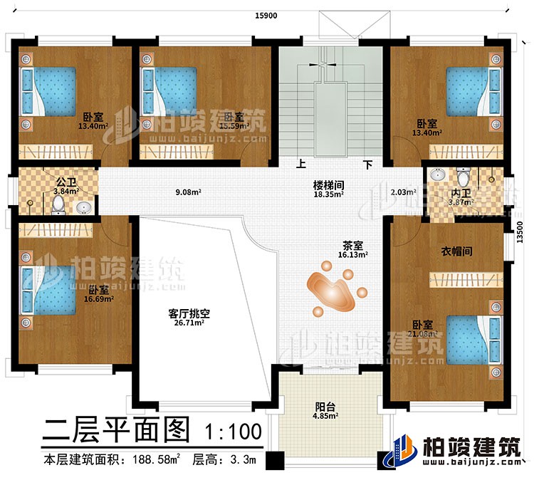 二層：客廳挑空、茶室、樓梯間、5臥室、衣帽間、內(nèi)衛(wèi)、公衛(wèi)、陽(yáng)臺(tái)