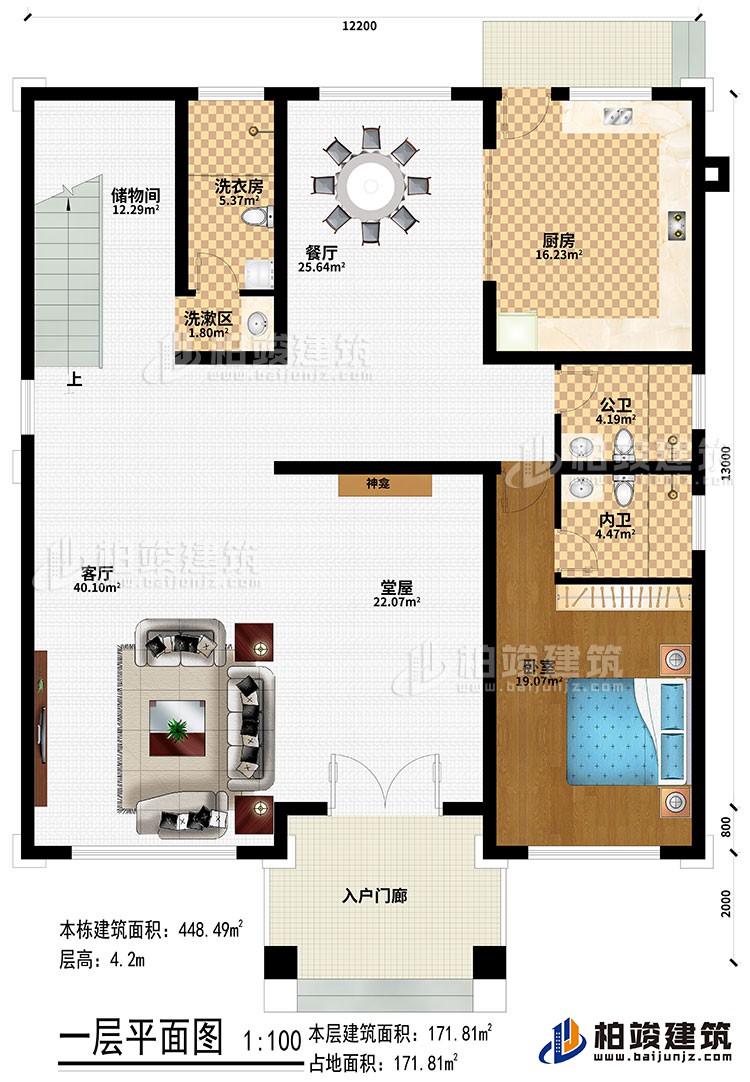 一層：入戶門廊、堂屋、神龕、客廳、餐廳、廚房、臥室、公衛(wèi)、內(nèi)衛(wèi)、洗漱區(qū)、洗衣房、儲物間