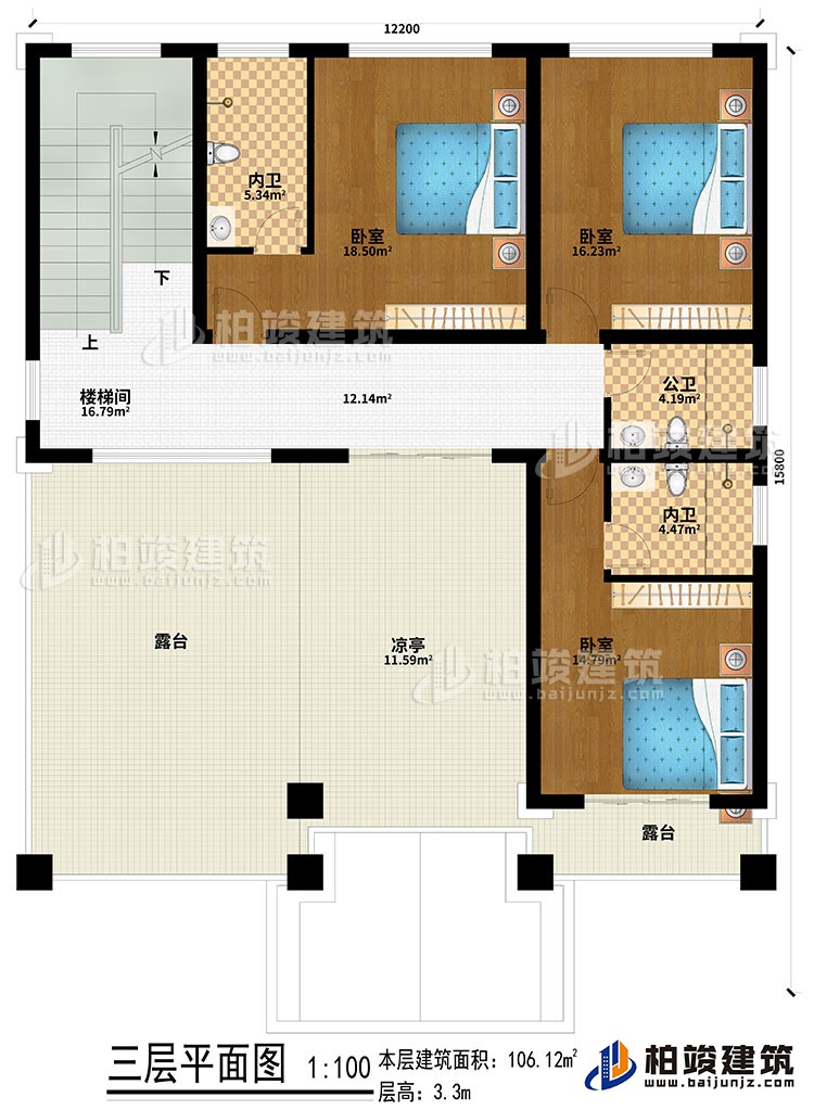 三層：樓梯間、3臥室、2內(nèi)衛(wèi)、公衛(wèi)、涼亭、2露臺