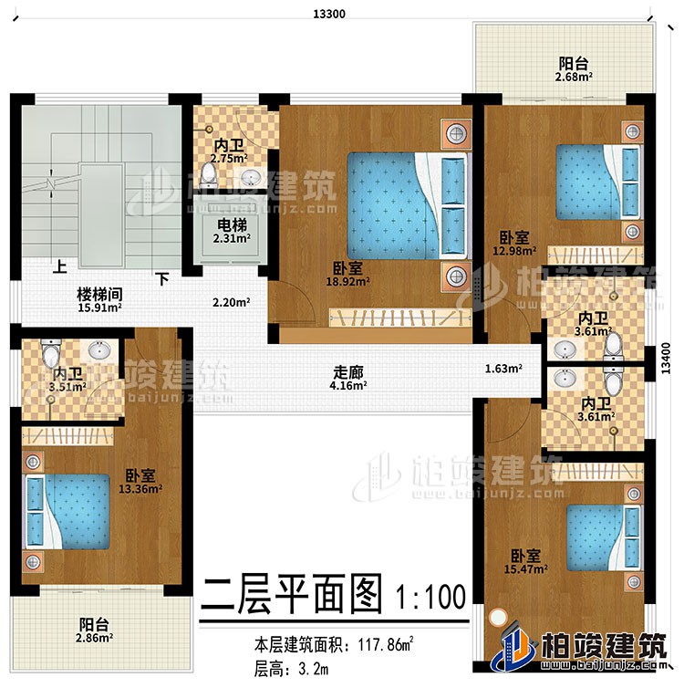 二層：走廊、4臥室、4內(nèi)衛(wèi)、2陽臺、樓梯間、電梯