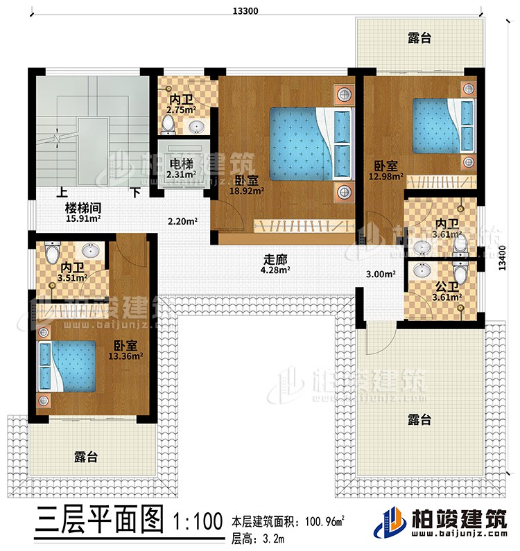 三層：走廊、3臥室、3內(nèi)衛(wèi)、3露臺、樓梯間、電梯、公衛(wèi)