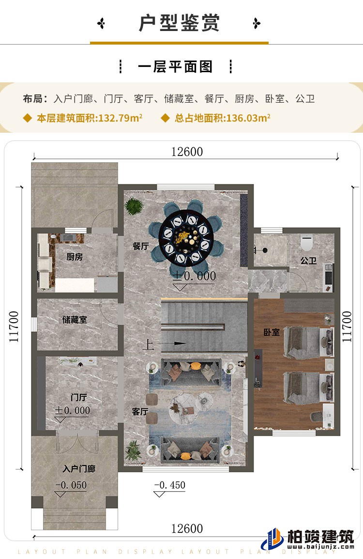 一層“入戶門廊、門廳、客廳、儲(chǔ)藏室、餐廳、廚房、臥室、公衛(wèi)