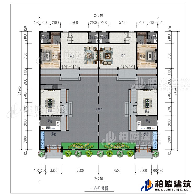 一層：月亮門、2廚房、2影壁、2餐廳、2客廳、2臥室、2衣柜、2內(nèi)衛(wèi)、2魚池
