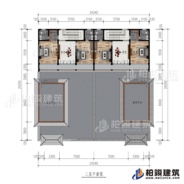 二層：2屋頂平臺、2茶室、4臥室、2衣柜、4內(nèi)衛(wèi)