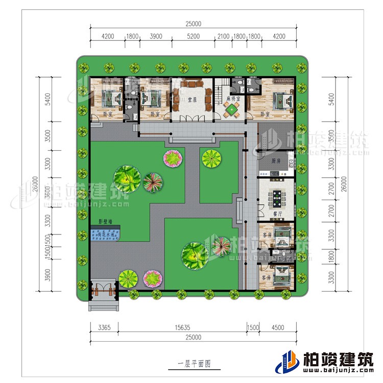 一層：影壁墻、花園、堂屋、廚房、餐廳、5臥室、2公衛(wèi)、2內(nèi)衛(wèi)、麻將室