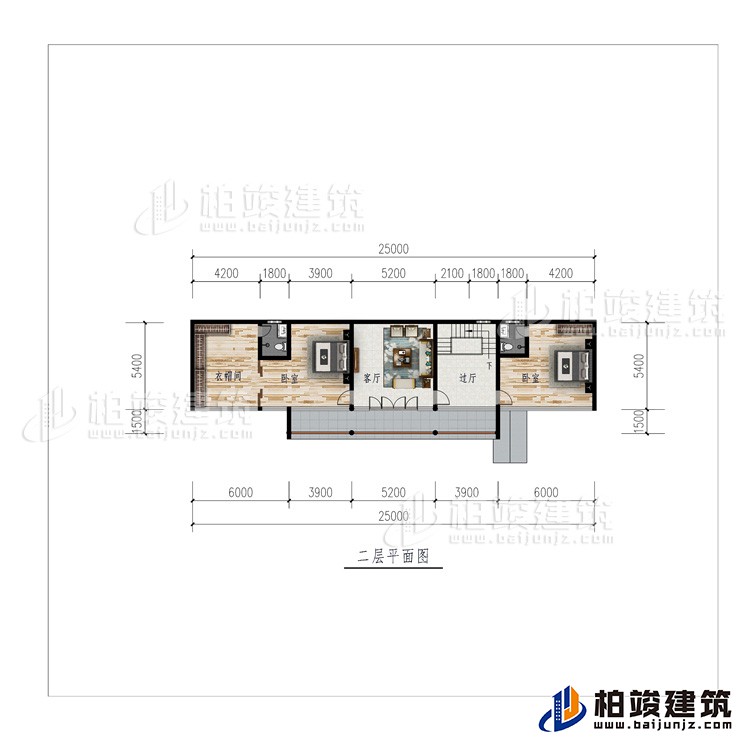 二層：過廳、客廳、衣帽間、2臥室