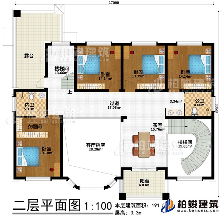 二層：2樓梯間、過道、茶室、4臥室、衣帽間、公衛(wèi)、內(nèi)衛(wèi)、客廳挑空、露臺、陽臺