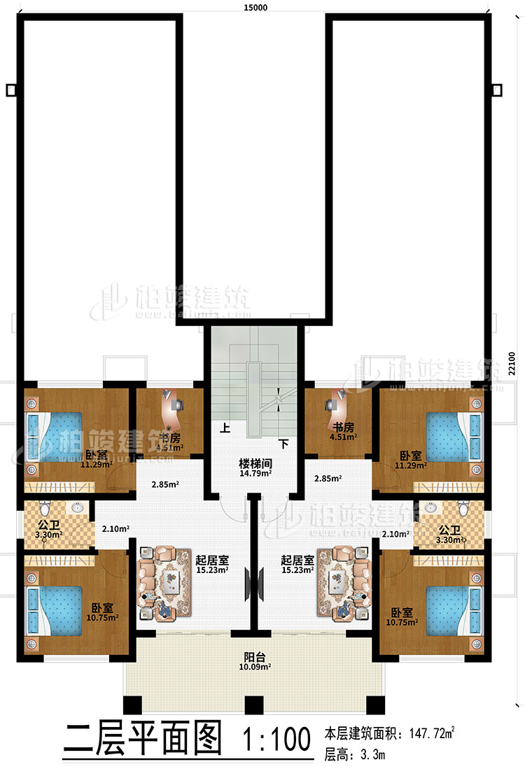 二層：2起居室、2書房、4臥室、2公衛(wèi)、樓梯間、陽臺