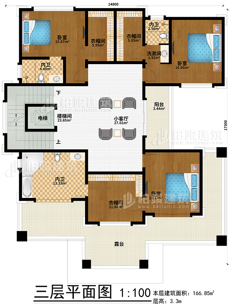 三層：小客廳、樓梯間、電梯、3臥室、3衣帽間、3內(nèi)衛(wèi)、陽臺、露臺