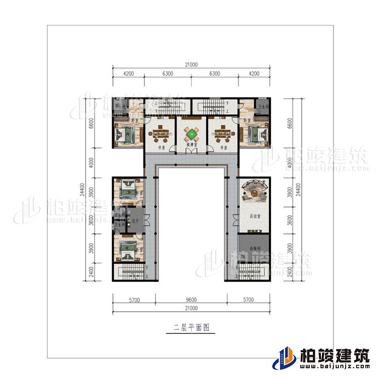 二層：棋牌室、2書房、活動(dòng)室、雜物間、4臥室、4內(nèi)衛(wèi)、過廊