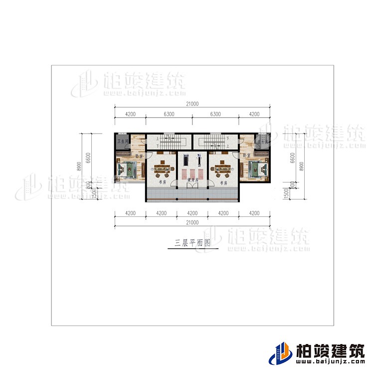 三層：2臥室、健身房、2書房、2內(nèi)衛(wèi)