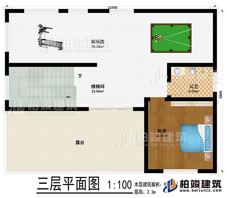 三層：娛樂室、樓梯間、公衛(wèi)、臥室、露臺