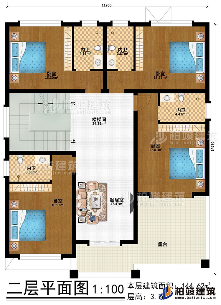 二層：起居室、樓梯間、4臥室、4內(nèi)衛(wèi)、露臺(tái)